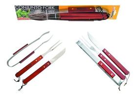 Kit Churrasco C/ Pegador Garfo Faca Aço Inox Cabo De Madeira