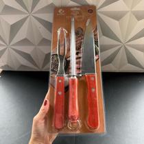Kit churrasco com 3 peças com cabo de madeira marrom garfo chaira faca conjunto jogo inox presente churrasqueiro pai