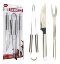 Kit Churrasco Com 3 Peças Em Aço Inox Faca Garfo Pegador