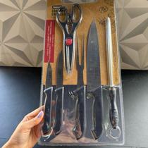 Kit churrasco com 6 peças de inox faca chef de legumes de churrasco chaira garfo e tesoura de cozinha preta jogo preto Kit churrasco com 6 peças de inox faca chef de legumes de churrasco chaira garfo e tesoura de cozinha preta jogo preto