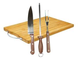 Kit Churrasco Com Tabua De Bambu Faca Garfo Amolador Inox Churrasqueiro Cozinha