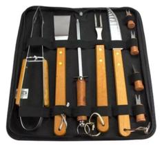 Kit Churrasco Completo 10 Peças com Bolsa Aço Inox e Cabo de Madeira Premium