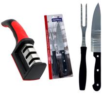 kit Churrasco Conjunto de Garfo e Faca com Amolador + Anteaderente base antiderrapante