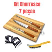 Kit Churrasco de 7 Peças: Garra, Tábua, Escova, Faca, Garfo e Chaira - Presente Ideal para o Dia dos Pais