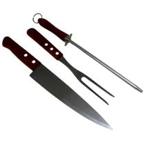 Kit Churrasco Elite 3 Peças Faca Garfo Amolador Cabo Madeira Kit Churrasco Elite 3 Peças Faca Garfo Amolador Cabo Madeira