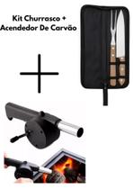 Kit Churrasco Faca E Garfo Com Cabos de Madeira E o Acendedor Manual De Churrasqueira