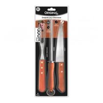 Kit Churrasco Faca + Garfo + Chaira Aço Inox Wood Original Kit Churrasco Faca + Garfo + Chaira Aço Inox Wood Original