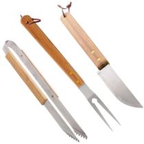 kit Churrasco Faca Garfo Pinça Aço Inox Em Madeira Bambú