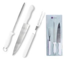 Kit Churrasco Garfo Faca Amolador Jumbo Aço Inox Cabo Madeira 3 Peças