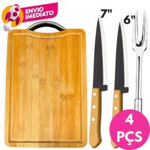 Kit Churrasco Garfo Trinchante Inox E Tábua Corte Em Madeira E Faca 6 e 7 Cabo Madeira