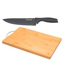 Kit Churrasco Gourmet Faca Do Chef Inox + Tabua Bambu 22x32