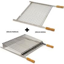 Kit Churrasco Grelha Parrilla + Grelha Moeda em Inox Pantheon - 60X40 - Cabo Madeira