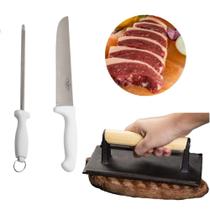 Kit Churrasco Hambúrguer Carne Prensa Chaira e Faca 3 Peças