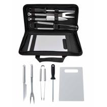 Kit Churrasco Inox Com Estojo E Tabua De Corte 5 Peças Luxo