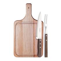 Kit Churrasco Inox e Madeira 3 Peças - Faca + Garfo + Tábua - Simonaggio