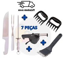 Kit Churrasco Premium: Garfo, Faca, Garras, Soprador, Amolador, Acendedor e Escova Kit Churrasco Premium: Garfo, Faca, Garras, Soprador, Amolador, Acendedor e Escova
