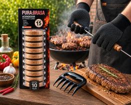 Kit Churrasco Pura Brasa Acendedor De Carvão e lenha com 1 par de Garra e 1 par Luvas
