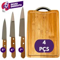 Kit Churrasco Tábua Corte Em Madeira Bambu E 3 Facas Peixeira Cabo Madeira Tamanho 5 6 e 7 Polegadas Kit Churrasco Tábua Corte Em Madeira Bambu E 3 Facas Peixeira Cabo Madeira Tamanho 5 6 e 7 Polegadas