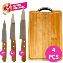 Kit Churrasco Tábua Corte Madeira Bambu E 3 Facas Peixeira 5 6 7 Polegada Cabo Madeira