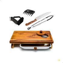 Kit Churrasco Tábua de Carne com Gaveta Faca Pegador Garra Escova Madeira Natural Teca Premium