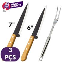 Kit Churrasco Tábua de Corte Madeira Bambu E Garfo Trinchante Inox E Faca Peixeira Cabo Madeira
