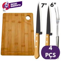 Kit Churrasco Tábua de Corte Madeira Bambu E Garfo Trinchante Inox E Faca Peixeira Cabo Madeira