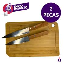 Kit Churrasco Tábua de Corte Madeira Bambu E Garfo Trinchante Inox E Faca Peixeira Cabo Madeira