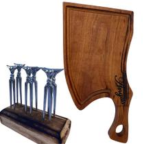 Kit Churrasco Tábua de Cozinha Corte de Carne e Kit Suporte Madeira com 6 Garfinhos Aluminio