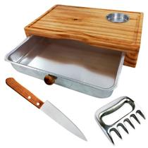 Kit Churrasco Tábua Madeira Clara 1 Pote Faca Garra Urso