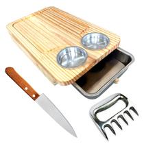 Kit Churrasco Tábua Madeira Clara 2 Pote Faca Garra Urso