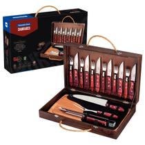 Kit Churrasco Tramontina Talheres Jumbo 17 Peças Polywood Vermelho Tábua Estojo Madeira