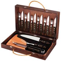 Kit Churrasco Tramontina Talheres Jumbo Aço Inox Cabo Castanho Polywood Tábua e Estojo Madeira 17 Pç