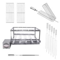 Kit Churrasqueira Gira Grill Inox 5 Espetos com 2 Grelhas Auxiliares, 1 Espeto grelha giratória e 1 Espeto Espada