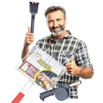Kit Churrasqueira: Grelha Dupla Abre e Fecha + Soprador Acendedor + Escova Limpeza com Raspador = 3 Produtos