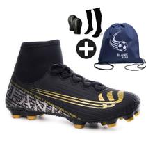 Kit Chuteira Campo Botinha Blank com Meião, Caneleira e Mochila PTOU