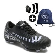 Kit Chuteira Campo Cano Baixo Blank com Meião, Caneleira e Mochila PTBC