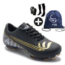 Kit Chuteira Campo Cano Baixo Blank com Meião, Caneleira e Mochila PTOU