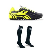 Kit Chuteira Couro Legitimo Preto Amarelo Limão Campo Society Meião