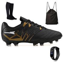 Kit Chuteira Futebol Campo Bico de Couro + Mochila + Meião e Relogio Adulto Kit Chuteira Futebol Campo Bico de Couro + Mochila + Meião e Relogio Adulto