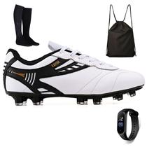 Kit Chuteira Futebol Campo em Couro Trava Gramado + Mochila + Meião + Relogio Adulto
