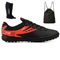 Kit Chuteira Futebol Society Couro Campo Grama Sintetica + Mochila + Meião Adulto Kit Chuteira Futebol Society Couro Campo Grama Sintetica + Mochila + Meião Adulto