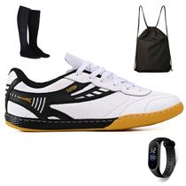 Kit Chuteira Futsal Couro Futebol Salao Quadra + Mochila + Meião + Relogio Adulto Kit Chuteira Futsal Couro Futebol Salao Quadra + Mochila + Meião + Relogio Adulto