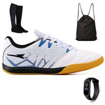 Kit Chuteira Futsal Masculina Bico de Couro + Mochila + Meião e Relogio Adulto