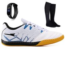 Kit Chuteira Futsal Quadra Bico de Couro Futebol Salao + Meião + Relogio Adulto Kit Chuteira Futsal Quadra Bico de Couro Futebol Salao + Meião + Relogio Adulto