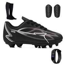 Kit Chuteira Infantil Macia de Trava + Meião + Caneleira e Relógio Digital