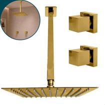 Kit Chuveiro Ducha 20x20cm Inox Dourada Cascata Teto 2 Acabamentos Para Registro Padrão Deca Docol Ducha Quadrada Chuveiro a Gás Ou Solar Quente Frio