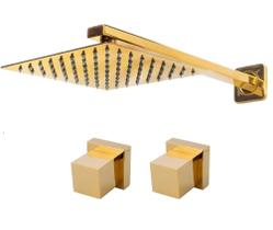 Kit Chuveiro Ducha 30cm Parede Dourado Slim + 2x Acabamentos Kit Chuveiro Ducha 30cm Parede Dourado Slim + 2x Acabamentos
