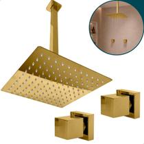 Kit Chuveiro Ducha 30x30cm Inox Dourada Cascata Teto 2 Acabamentos Para Registro Padrão Deca Docol Ducha Quadrada Chuveiro a Gás Ou Solar Quente Frio