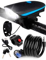 Kit Ciclismo Bike Farol Frontal Dianteiro USB LED + Buzina 5 Sons e 140DB+ Cadeado Corrente + Suporte Quadro E 2 Chaves