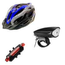 Kit Ciclismo Bike Segurança Capacete e Lanterna Frontal c/ Buzina + Farol Traseiro Luatek